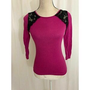 Topshop Womens Pink Black Lace Long Sleeve Top Sweater 2 Xs